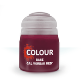 A squat, rounded pot of deep burgundy paint with a pale gray flip-top lid, shown upright against a white background. Its label reads “COLOUR,” “BASE,” and “GAL VORBAK RED.”