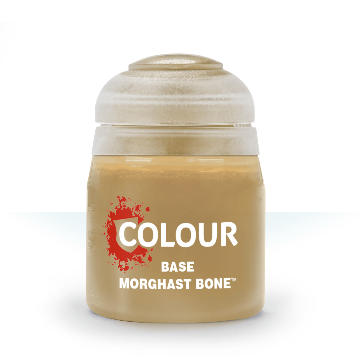 A squat bottle of tan-beige Citadel paint stands upright against a white background, with a pale cream cap and red splash graphic on the label. Bold white text reads “COLOUR,” “BASE,” and “MORGHAST BONE.”