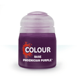 A squat paint pot with a translucent pale lavender lid and deep purple body stands against a white background. The label features an orange splatter graphic and the white text “COLOUR,” “BASE,” and “PHOENICIAN PURPLE.”