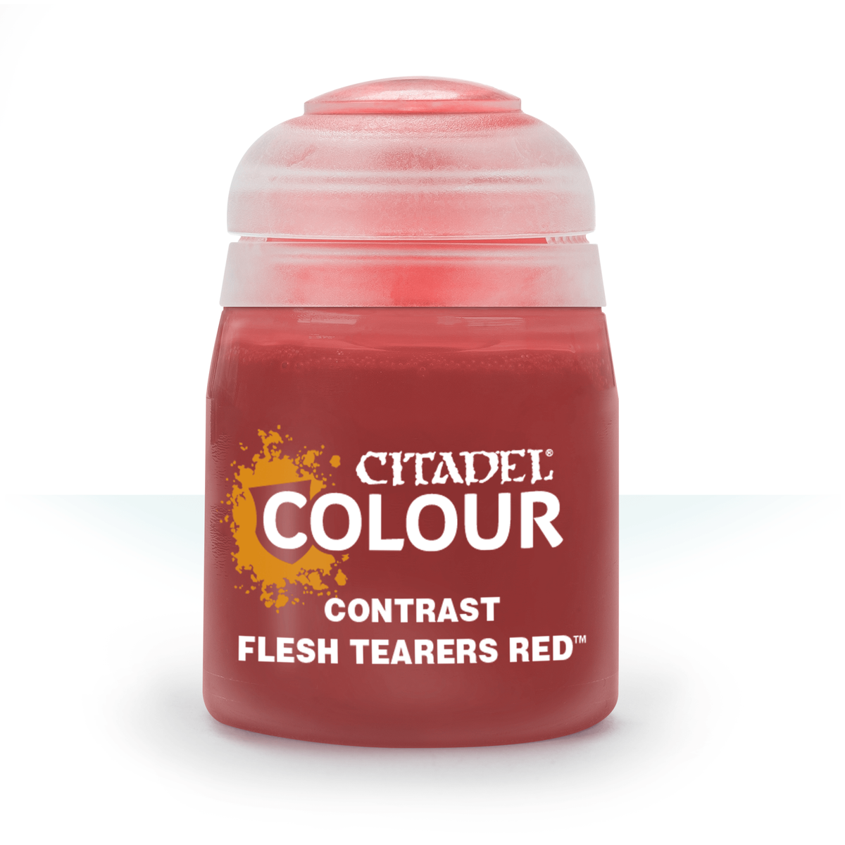 A squat red paint pot with a wide translucent pale-pink cap, shown upright against a white background. The label reads “CITADEL COLOUR,” “CONTRAST,” and “FLESH TEARERS RED.”
