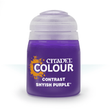 Small purple paint pot with a pale gray-white ridged cap, shown upright against a white background. Its label reads “CITADEL,” “COLOUR,” “CONTRAST,” and “SHYISH PURPLE.”