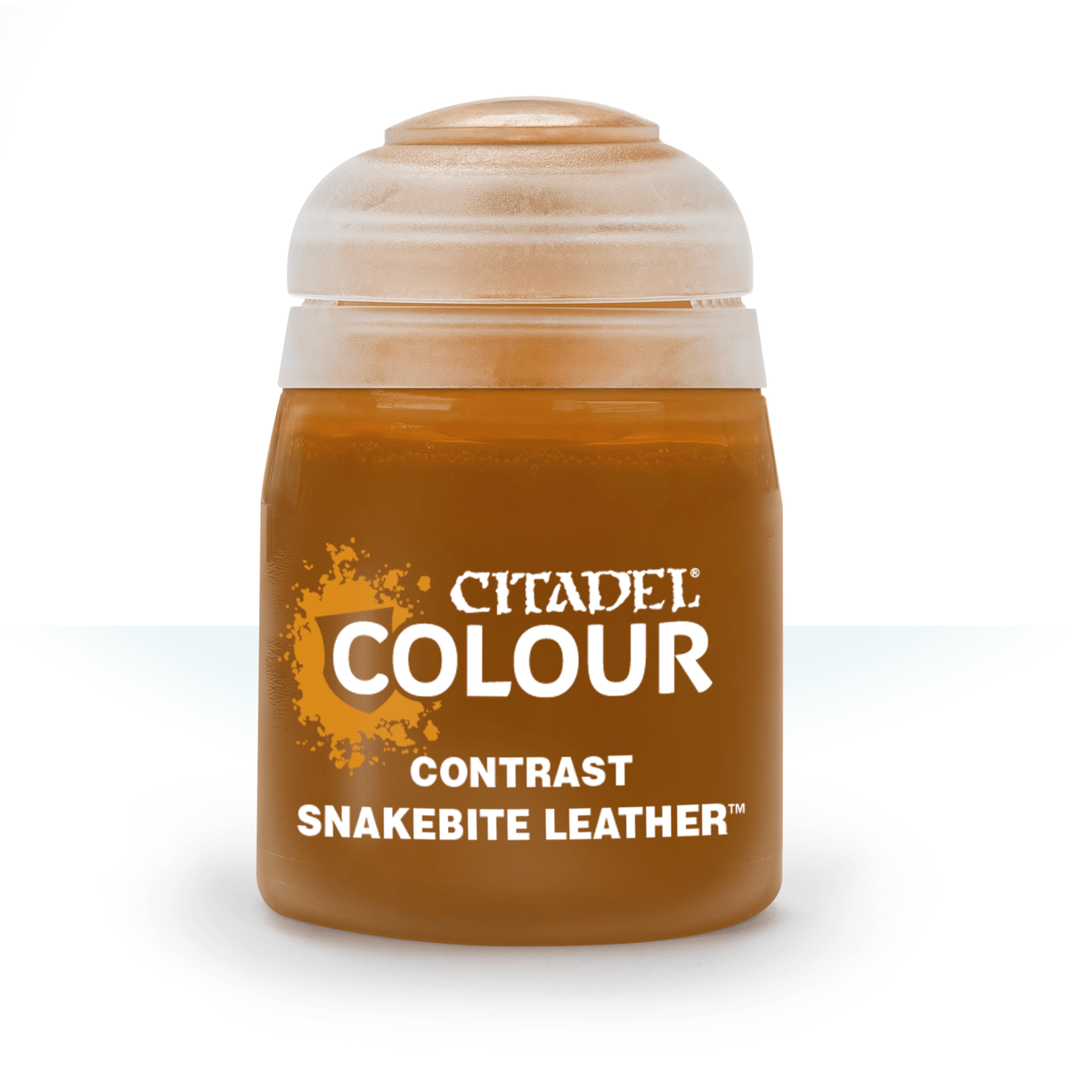 A squat paint pot with a translucent amber-brown body and pale beige lid, shown upright against a white background. The label reads “CITADEL,” “COLOUR,” “CONTRAST,” and “SNAKEBITE LEATHER.”