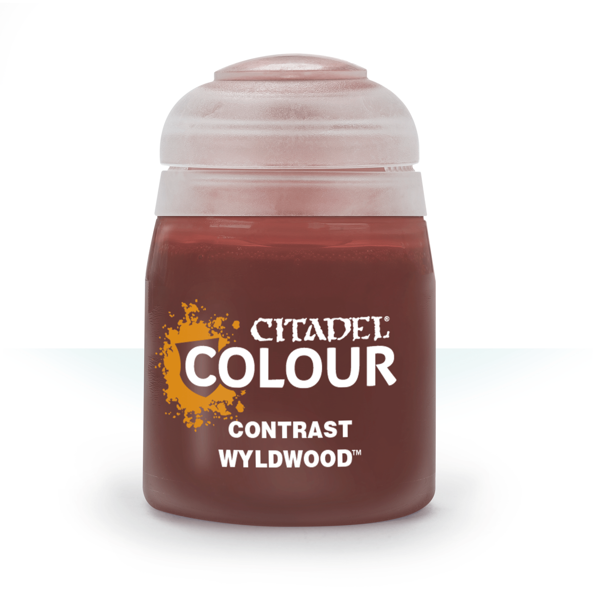 A squat, dark reddish-brown paint pot with a pale translucent cap, shown upright against a white background. Its label reads “CITADEL COLOUR,” “CONTRAST,” and “WYLDWOOD.”