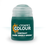 A squat dark green paint pot with a pale gray-green ridged cap, shown upright against a white background. Its label reads “CITADEL,” “COLOUR,” “CONTRAST,” and “DARK ANGELS GREEN.”