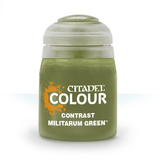 Olive-green paint pot with a pale gray cap, shown upright against a white background. Its label reads “CITADEL COLOUR,” “CONTRAST,” and “MILITARUM GREEN.”