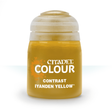 A squat bottle of golden-yellow paint with a rounded pale cream cap, shown upright against a white background. Its front label reads “CITADEL,” “COLOUR,” “CONTRAST,” and “IYANDEN YELLOW.”