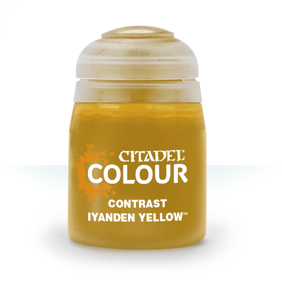 A squat bottle of golden-yellow paint with a rounded pale cream cap, shown upright against a white background. Its front label reads “CITADEL,” “COLOUR,” “CONTRAST,” and “IYANDEN YELLOW.”