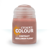A squat paint pot with a pale pink-white cap and muted rosy-brown contents, shown upright against a white background. The label reads “CITADEL,” “COLOUR,” “CONTRAST,” and “GUILLIMAN FLESH.”