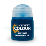 A small dark blue paint pot with a pale blue cap, shown upright against a white background. Its label reads “CITADEL COLOUR,” “CONTRAST,” and “LEVIADON BLUE.”