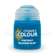 A squat, bright blue paint bottle with a pale blue-gray cap stands upright against a white background. Its label reads “CITADEL COLOUR,” “CONTRAST,” and “TALASSAR BLUE.”
