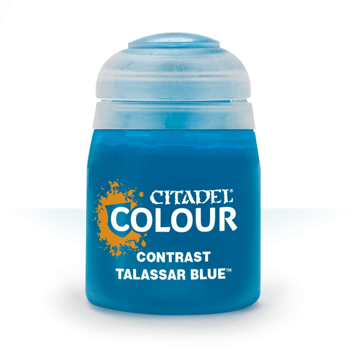 A squat, bright blue paint bottle with a pale blue-gray cap stands upright against a white background. Its label reads “CITADEL COLOUR,” “CONTRAST,” and “TALASSAR BLUE.”