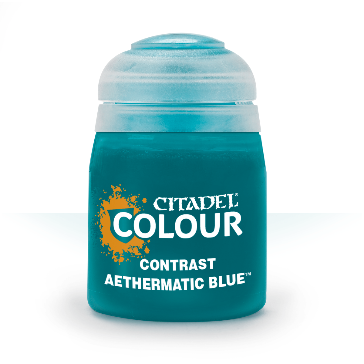 A squat teal paint pot with a pale translucent screw cap stands upright against a white background. Its label reads “CITADEL COLOUR,” “CONTRAST,” and “AETHERMATIC BLUE.”