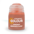 A small squat paint pot with a pale peach cap and dusty terracotta body, shown upright against a white background. Its label reads “CITADEL COLOUR,” “CONTRAST,” and “DARKOATH FLESH.”