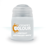 A small pale gray paint pot with a rounded white cap stands against a white background. Its label has an orange splatter graphic and the text “CITADEL,” “COLOUR,” “CONTRAST,” and “APOTHECARY WHITE.”