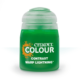 A small green paint pot with a translucent white screw cap stands upright against a white background. Its label reads “CITADEL,” “COLOUR,” “CONTRAST,” and “WARP LIGHTNING.”