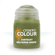 Olive-green Citadel paint pot with a pale gray cap and orange splatter graphic; the label reads “CITADEL,” “COLOUR,” “CONTRAST” and “MILITARUM GREEN,” which differs from the listed Aggaros Dunes product.