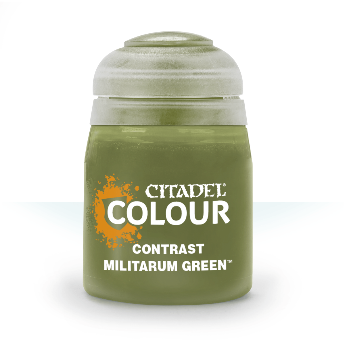 Olive-green Citadel paint pot with a pale gray cap and orange splatter graphic; the label reads “CITADEL,” “COLOUR,” “CONTRAST” and “MILITARUM GREEN,” which differs from the listed Aggaros Dunes product.