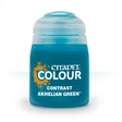 A small turquoise-green paint pot with a pale blue screw cap, shown upright against a white background. Its label reads “CITADEL COLOUR,” “CONTRAST,” and “AKHELIAN GREEN.”