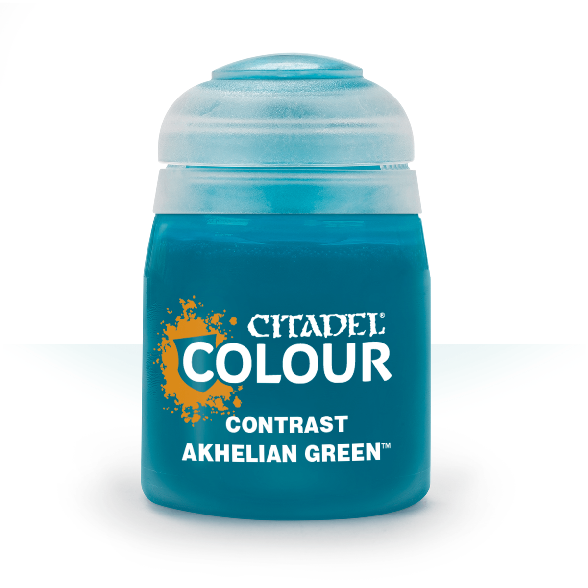 A small turquoise-green paint pot with a pale blue screw cap, shown upright against a white background. Its label reads “CITADEL COLOUR,” “CONTRAST,” and “AKHELIAN GREEN.”
