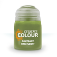A squat olive-green paint pot with a pale gray-green cap stands against a white background. Its label has an orange splatter graphic and the white text “CITADEL,” “COLOUR,” and “ORK FLESH.”