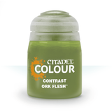 A squat olive-green paint pot with a pale gray-green cap stands against a white background. Its label has an orange splatter graphic and the white text “CITADEL,” “COLOUR,” and “ORK FLESH.”