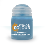A blue-grey paint pot with a pale grey screw cap stands upright against a white background. The label reads “CITADEL COLOUR,” “CONTRAST,” and “GRYPH-CHARGER GREY.”