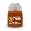 A squat, rounded bottle of brown-orange miniature paint with a wide light gray cap, shown upright against a white background. Its label reads “CITADEL,” “COLOUR,” “CONTRAST,” and “GORE-GRUNTA FUR.”