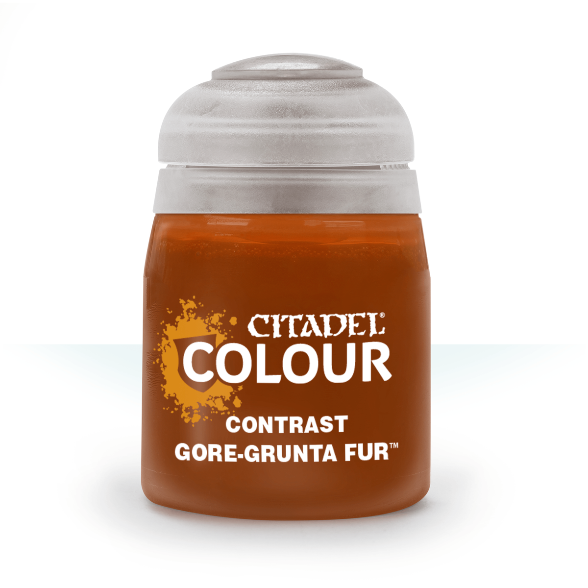A squat, rounded bottle of brown-orange miniature paint with a wide light gray cap, shown upright against a white background. Its label reads “CITADEL,” “COLOUR,” “CONTRAST,” and “GORE-GRUNTA FUR.”