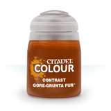 A squat, rounded bottle of brown-orange miniature paint with a wide light gray cap, shown upright against a white background. Its label reads “CITADEL,” “COLOUR,” “CONTRAST,” and “GORE-GRUNTA FUR.”