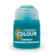 A squat turquoise paint pot with a wide pale turquoise cap, shown upright against a white background. Its label reads “CITADEL COLOUR,” “CONTRAST,” and “TERRADON TURQUOISE.”