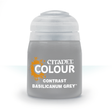 A single grey paint pot with a wide white flip-top lid is shown upright against a white background. Its label has an orange splash graphic and the text “CITADEL,” “COLOUR,” “CONTRAST,” and “BASILICANUM GREY.”