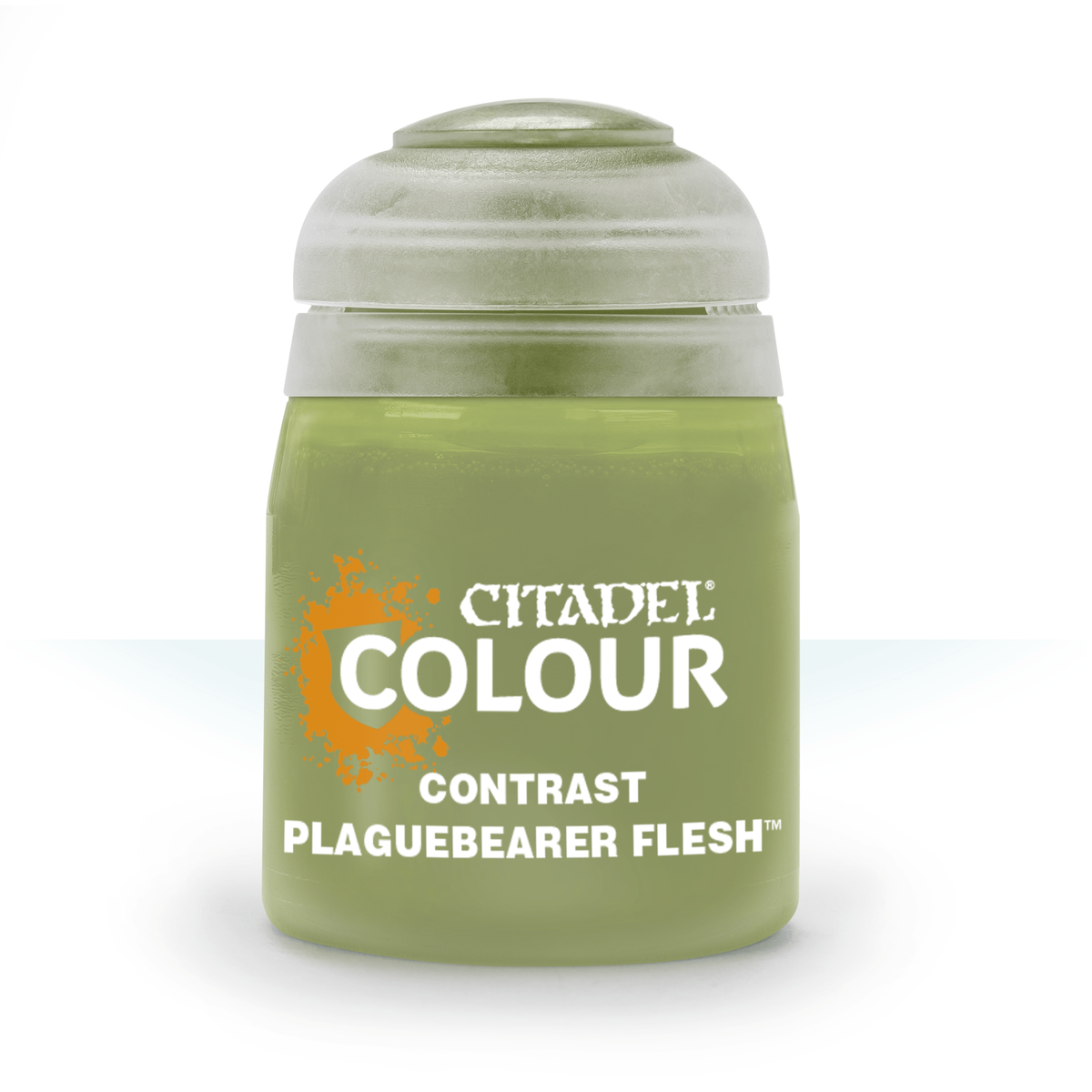 A small olive-green paint pot with a pale gray-green cap is shown upright against a white background. Its label has an orange splash graphic and the white text “CITADEL COLOUR,” “CONTRAST,” and “PLAGUEBEARER FLESH.”