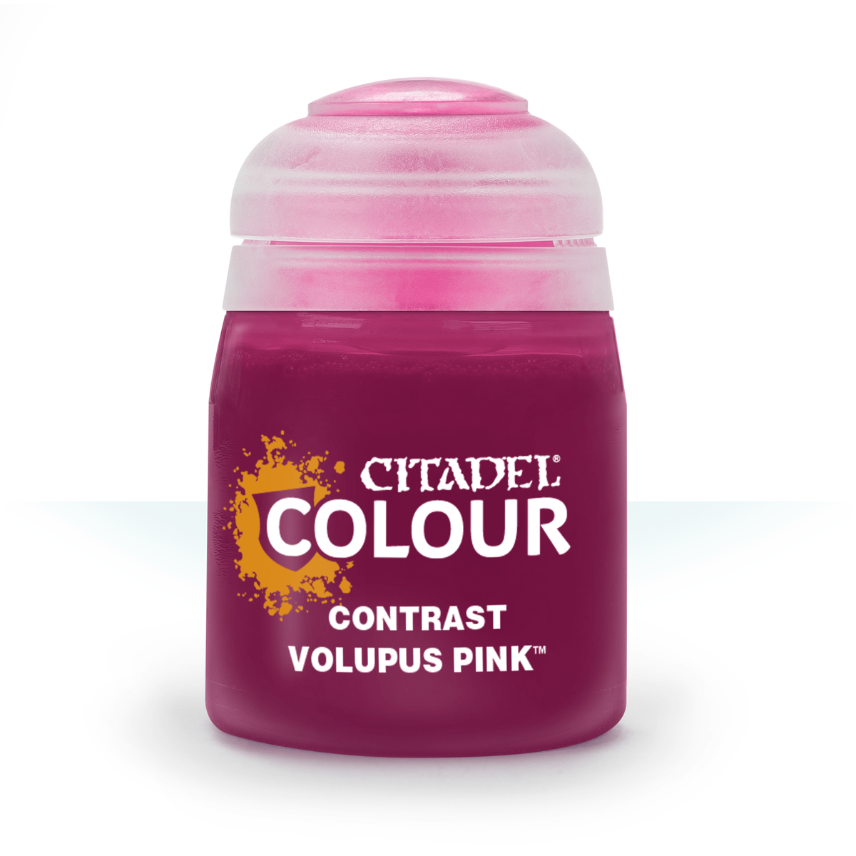 Front view of a squat paint pot with a translucent pale-pink cap and deep magenta body against a white background. The label reads “CITADEL,” “COLOUR,” “CONTRAST,” and “VOLUPUS PINK.”