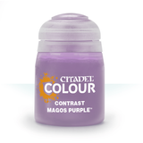 A squat, rounded purple paint pot stands upright against a white background, with a pale lavender cap and an orange splash graphic on its label. The label reads “CITADEL,” “COLOUR,” “CONTRAST” and “MAGOS PURPLE.”