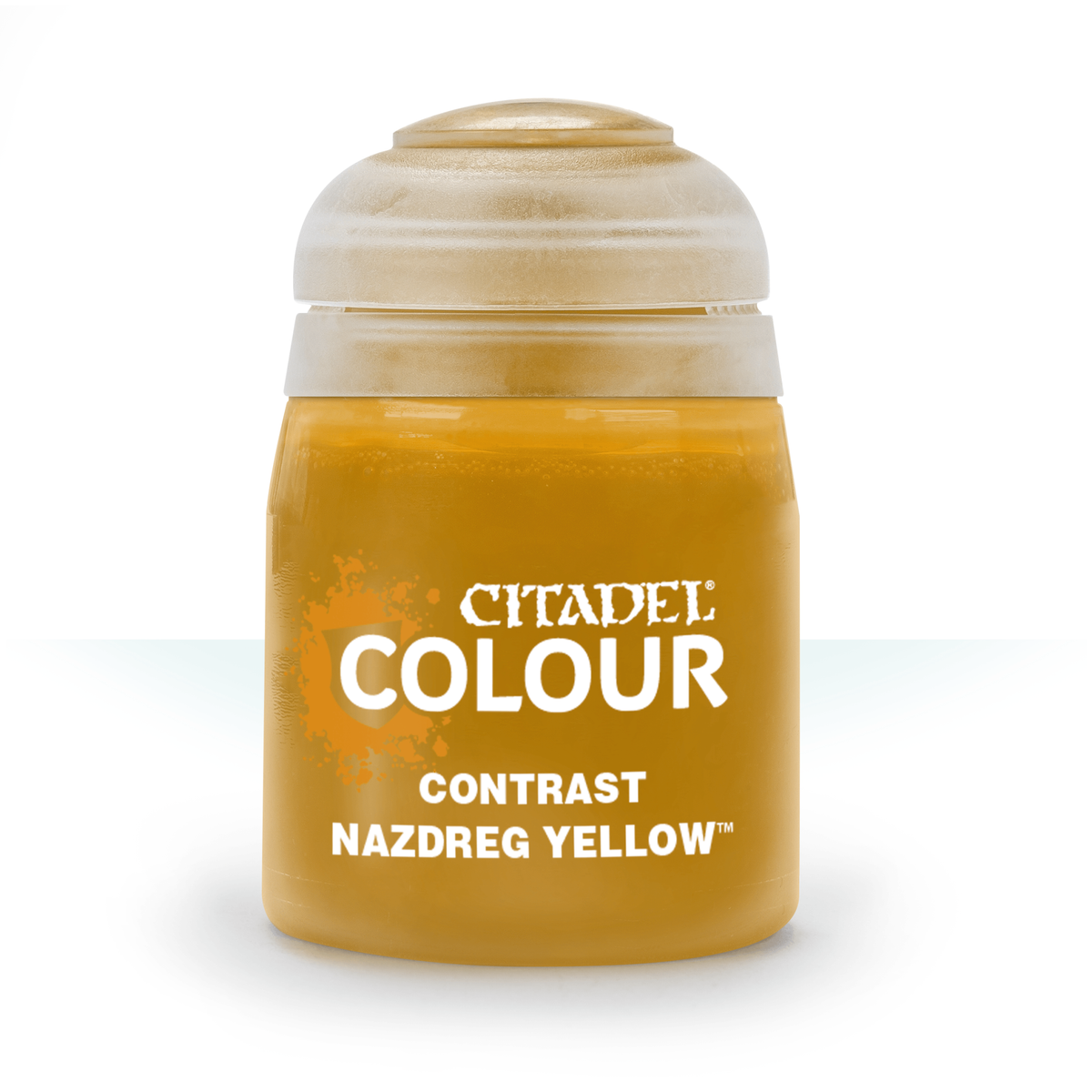 A squat paint pot filled with golden yellow paint stands upright against a white background, with a wide pale beige cap. Its front label reads “CITADEL,” “COLOUR,” “CONTRAST,” and “NAZDREG YELLOW.”
