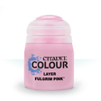 Front view of a small, squat pink paint pot with a rounded pale pink lid. Its label has a blue paint-splatter graphic and bold black text reading “CITADEL COLOUR,” “LAYER,” and “FULGRIM PINK.”