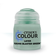 Front-facing pale mint-green paint pot with a matching rounded cap on a white background. Its label has a blue splash graphic and the black text “CITADEL COLOUR,” “LAYER,” and “GAUSS BLASTER GREEN.”