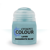 Front view of a pale blue paint pot with a matching rounded cap, standing against a white background. Its label reads “CITADEL COLOUR” and “BAHARROTH BLUE,” with “LAYER” above the paint name.