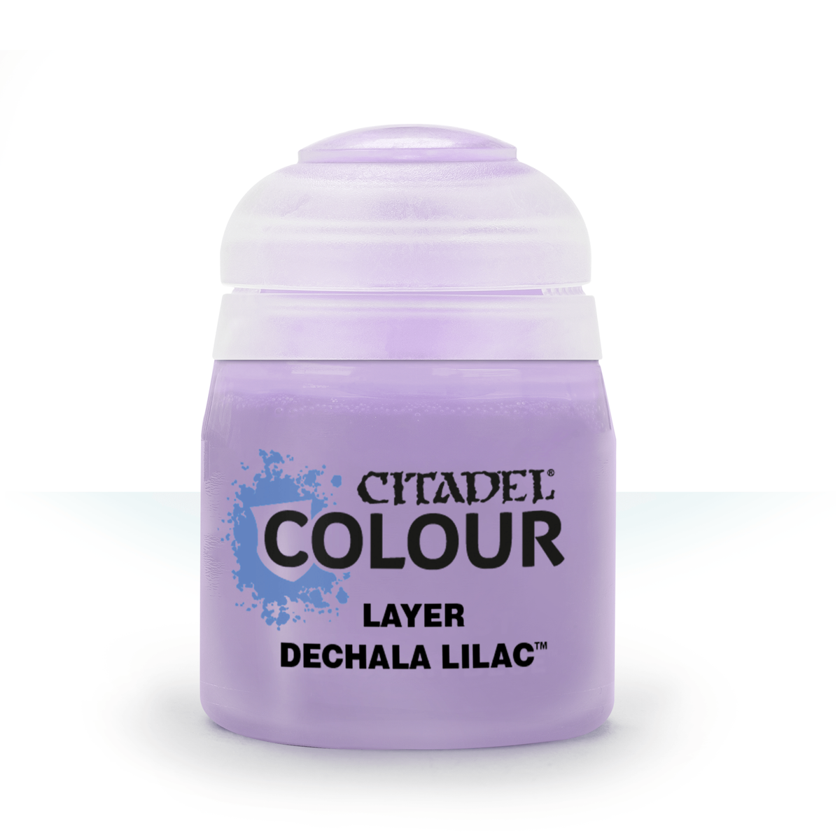 A single pale lilac paint pot with a rounded flip-top lid, shown upright against a white background. Its front label reads “CITADEL COLOUR,” “LAYER,” and “DECHALA LILAC.”
