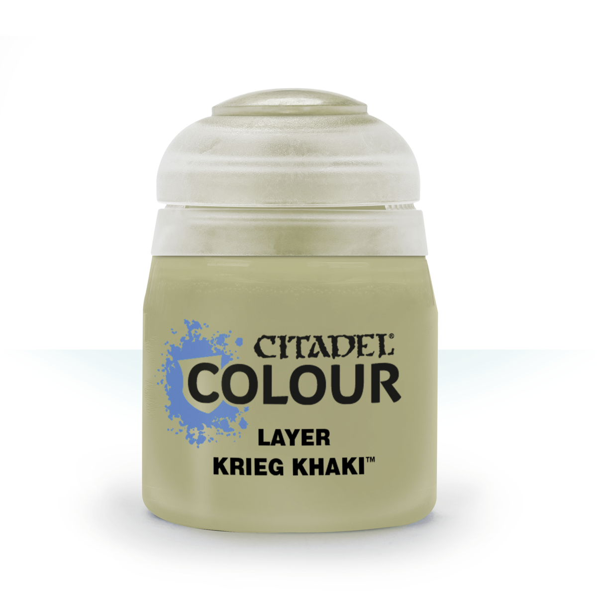 A small khaki-beige paint pot with a rounded white cap, shown upright against a white background. The front label reads “CITADEL COLOUR,” “LAYER,” and “KRIEG KHAKI.”