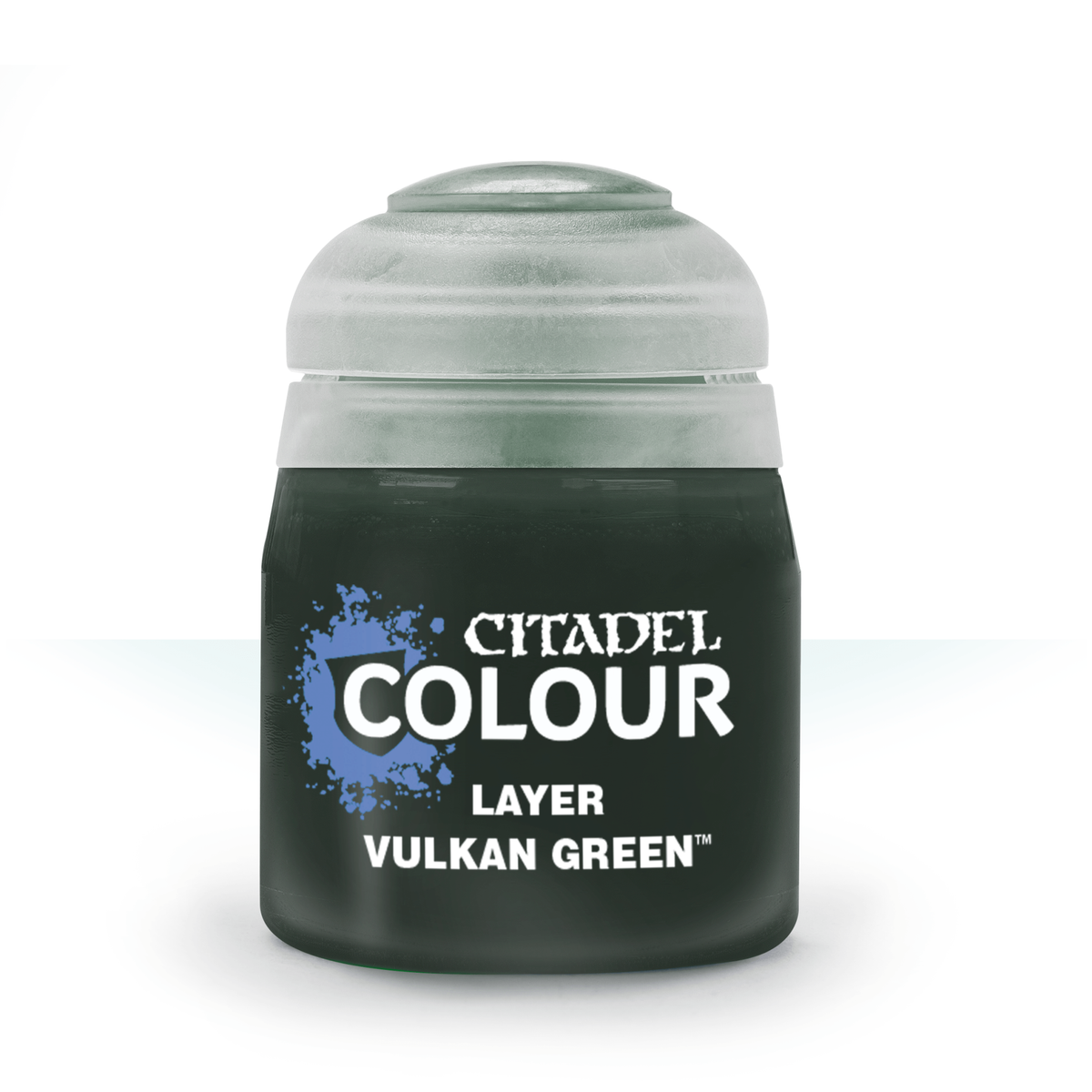 A small, dark green paint pot with a pale gray flip-top cap is shown upright against a white background. Its label reads “CITADEL COLOUR,” “LAYER,” and “VULKAN GREEN.”