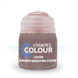 A squat, muted mauve-brown paint pot with a pale pink translucent cap and blue emblem on the front label. White lettering reads “CITADEL COLOUR,” “LAYER” and “KNIGHT-QUESTOR FLESH.”