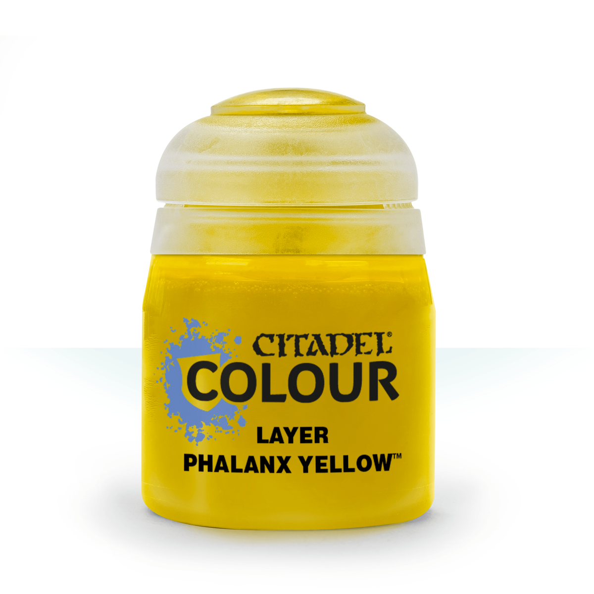 A squat, bright yellow paint pot shown upright against a white background, with a rounded pale translucent cap. Its front label reads “CITADEL,” “COLOUR,” and “LAYER PHALANX YELLOW.”
