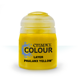 A squat, bright yellow paint pot shown upright against a white background, with a rounded pale translucent cap. Its front label reads “CITADEL,” “COLOUR,” and “LAYER PHALANX YELLOW.”