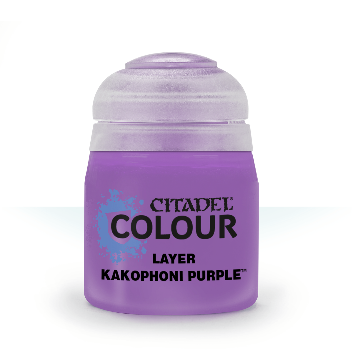 A small purple paint pot with a pale lavender ridged flip-top lid, shown upright against a white background. Its label reads “CITADEL COLOUR,” “LAYER,” and “KAKOPHONI PURPLE.”