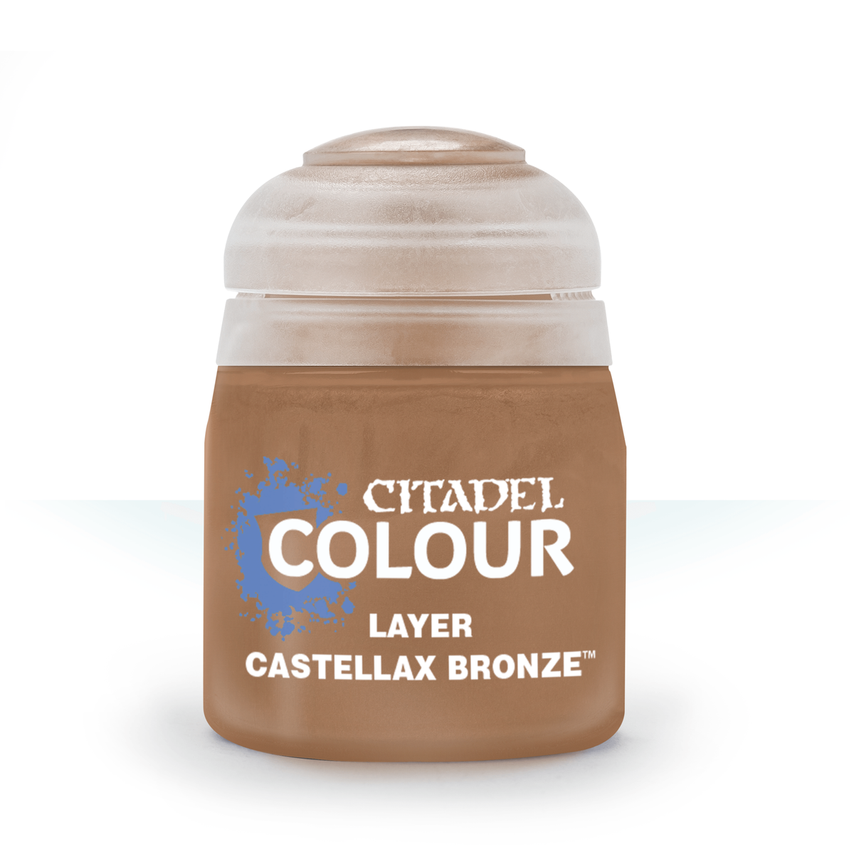 A small squat bottle of brown-bronze hobby paint stands upright against a white background, with a pale translucent cap. Its front label reads “CITADEL COLOUR,” “LAYER,” and “CASTELLAX BRONZE.”