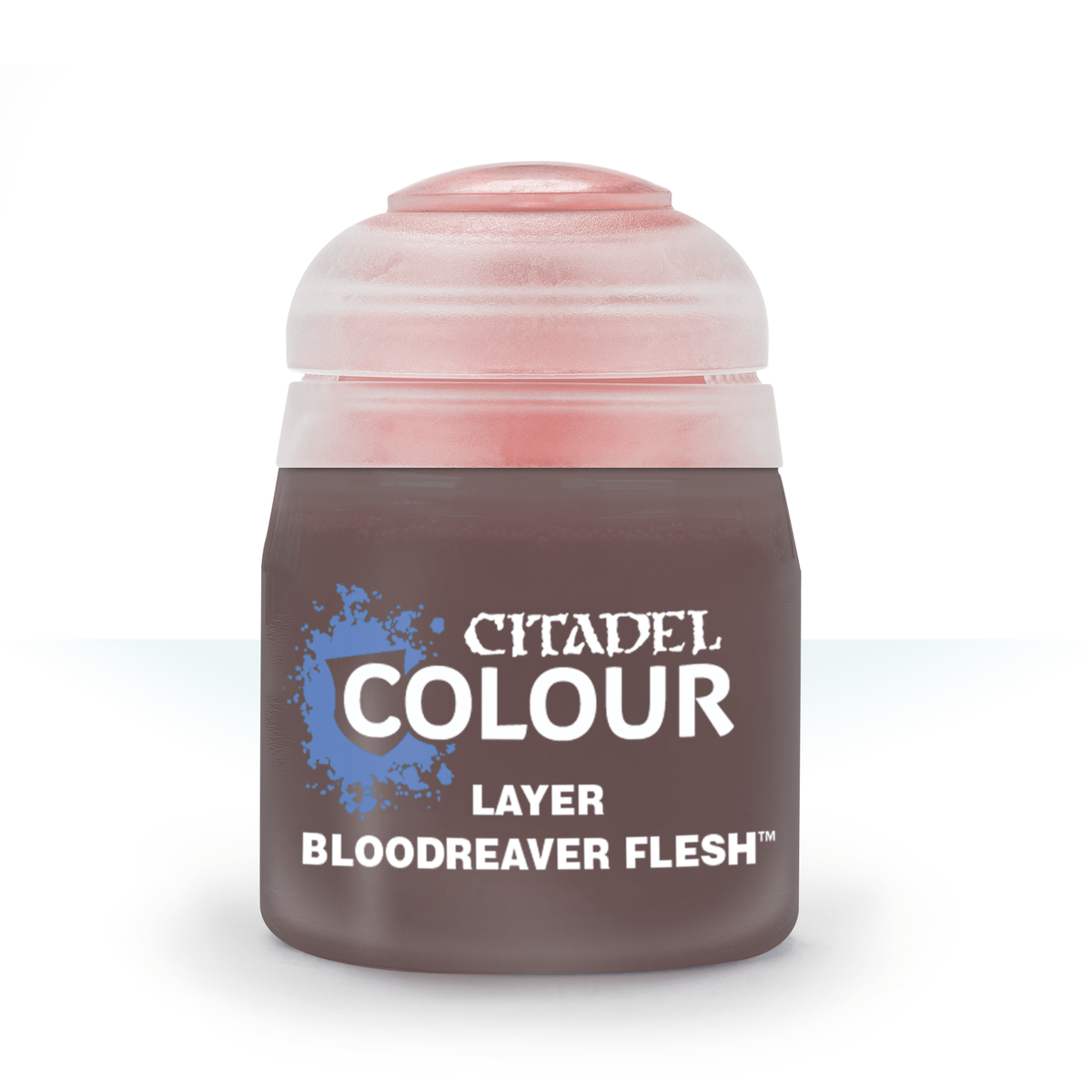 A small Citadel paint pot stands against a white background, with a dark brown body and pale pink cap. The label reads “CITADEL COLOUR,” “LAYER,” and “BLOODREAVER FLESH.”