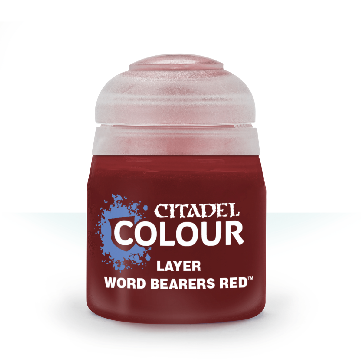 Small, squat pot of dark red miniature paint with a translucent pale pink cap, shown upright against a white background. Its label reads “CITADEL COLOUR,” “LAYER,” and “WORD BEARERS RED.”