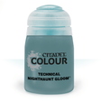 A squat paint pot with a rounded pale aqua cap and muted blue-green body, shown upright against a white background. The front label reads “CITADEL COLOUR,” “TECHNICAL,” and “NIGHTHAUNT GLOOM.”