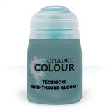 A squat paint pot with a rounded pale aqua cap and muted blue-green body, shown upright against a white background. The front label reads “CITADEL COLOUR,” “TECHNICAL,” and “NIGHTHAUNT GLOOM.”